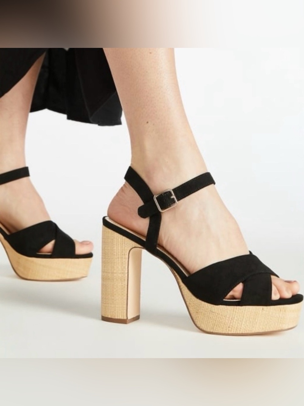 JustFab Tina Crossover Sandals Black Raffia Block Heel Ankle Straps Size 9.5